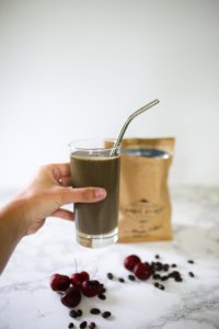 mocha cherry smoothie with coffee beans.