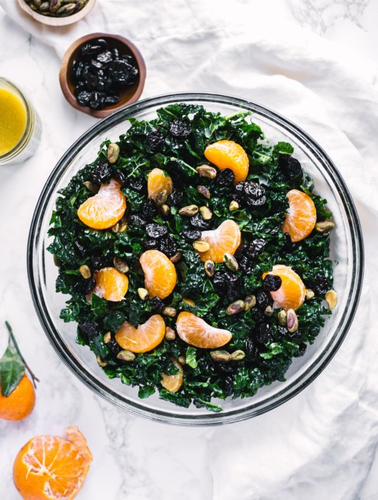 Easy Kale Salad Recipe with oranges, pistachios and cherries