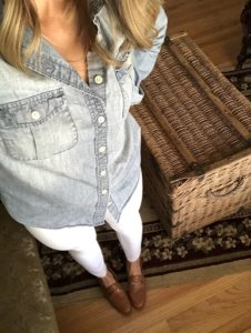 white jeans and chambray