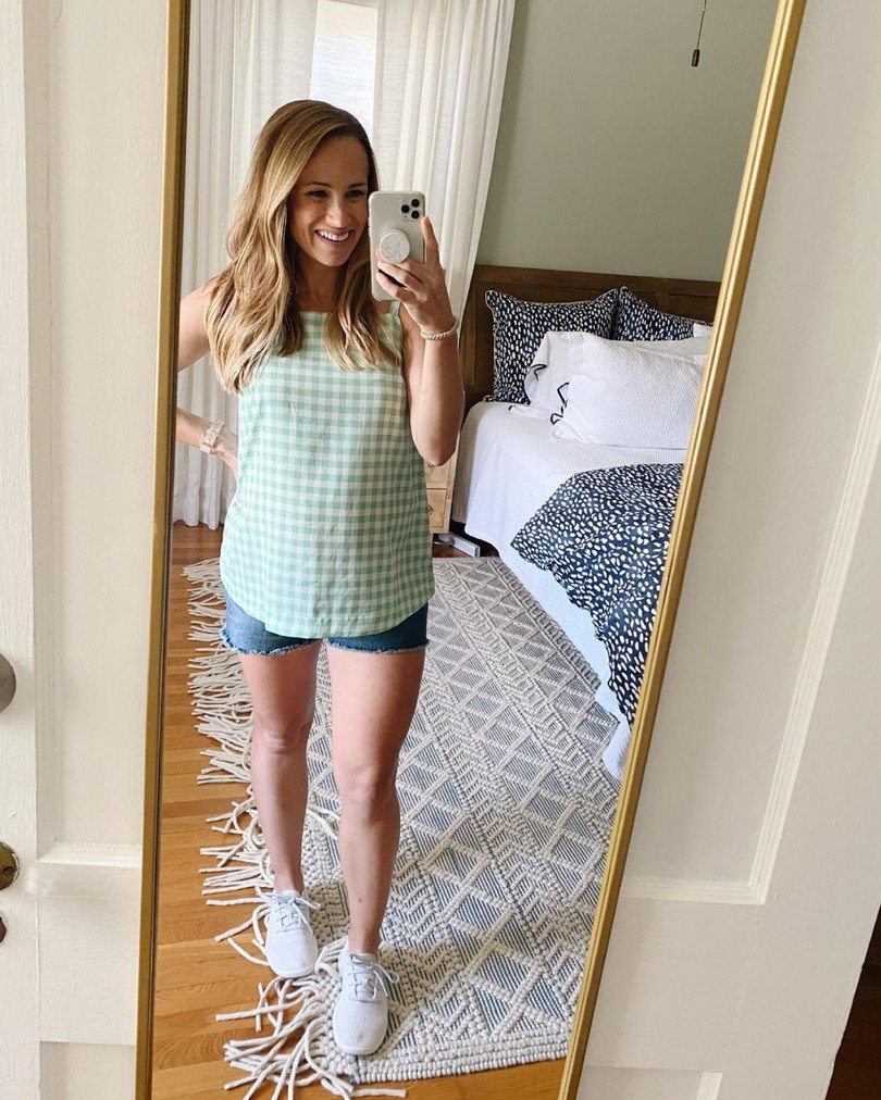 green gingham top