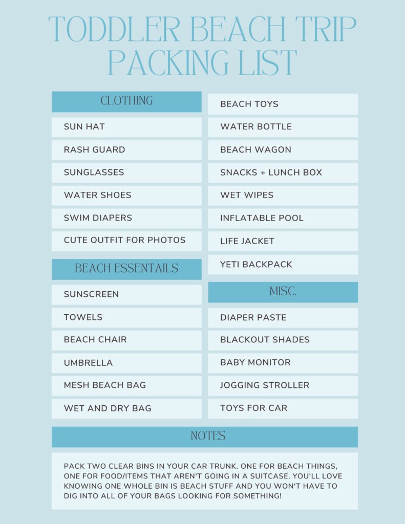 Toddler beach trip packing list