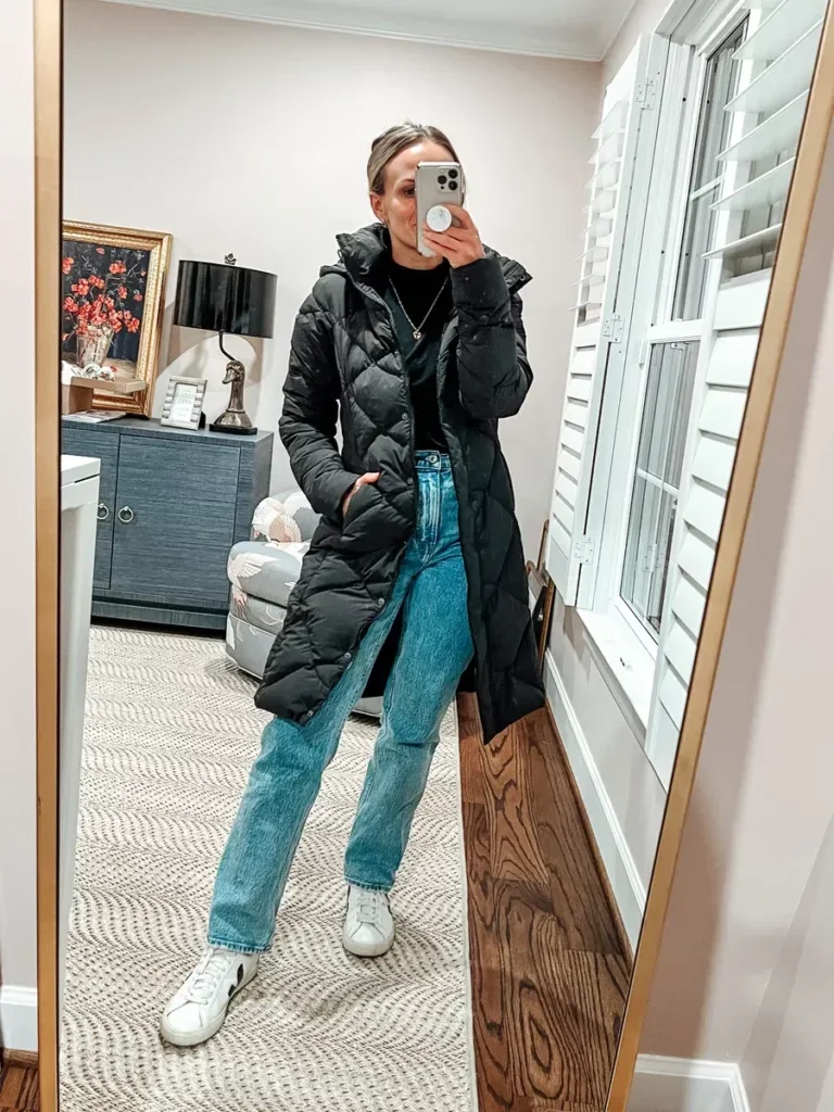 long puffer coat with straight leg jeans